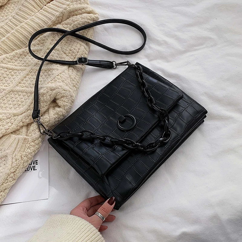 Винтажная модная сумка на цепочке, новинка, качественная женская дизайнерская сумка из искусственной кожи, сумка через плечо с крокодиловым узором - Цвет: Черный