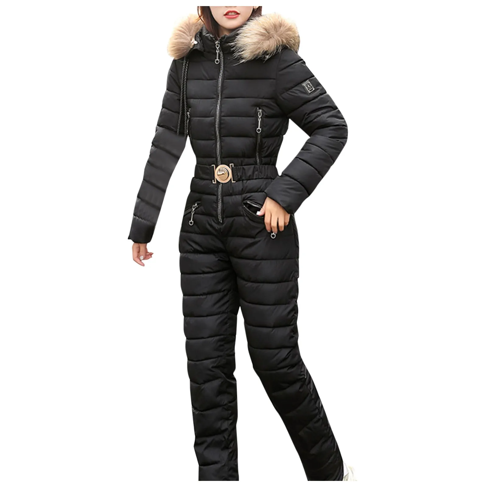 One Piece Ski Suit Women Jackets Winter Hooded Parka Jumpsuit Women Cotton bodysuit Sashes Jumpsuits Zipper Overalls Tracksuits