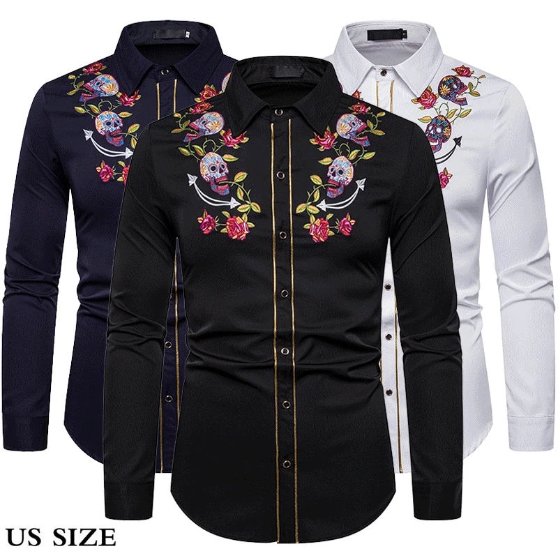 Мужская мода Западный череп ковбоя и Роза вышивка рубашка Slim Fit Повседневная с длинным рукавом пуговицы вниз платье рубашки