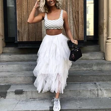 Женские Асимметричные тюлевые юбки, модная эластичная высокая талия, сетчатая юбка-пачка со складками, Длинная Юбка-миди