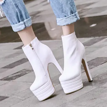 

Luxury Genuine Leather High Heel Platform Ankle Boots for Women Fashion Sexy Block Heel Party Wedding Short Boots Women Orange
