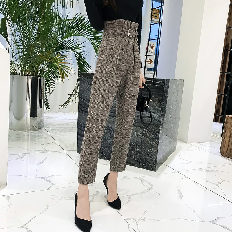 Khaki REALEFT осенние корейские повседневные шерстяные женские штаны-шаровары ремень Женская рабочая одежда клетчатые штаны с завышенной талией женские брюки новинка - Цвет: Khaki