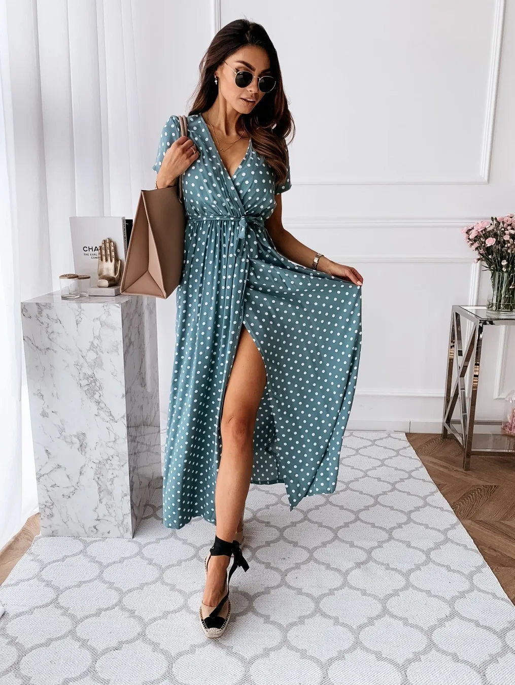 2022 Fashion Polka Dot Split Boho Dress V-Neck Women Casual Beach Vacation Long Dresses Vestido De Mujer maxi dresses