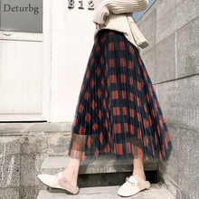 Женская винтажная клетчатая Тюлевая юбка с принтом, Женская Корейская Повседневная плиссированная черная сетчатая юбка с высокой талией, Saias Faldas, Весенняя SK480
