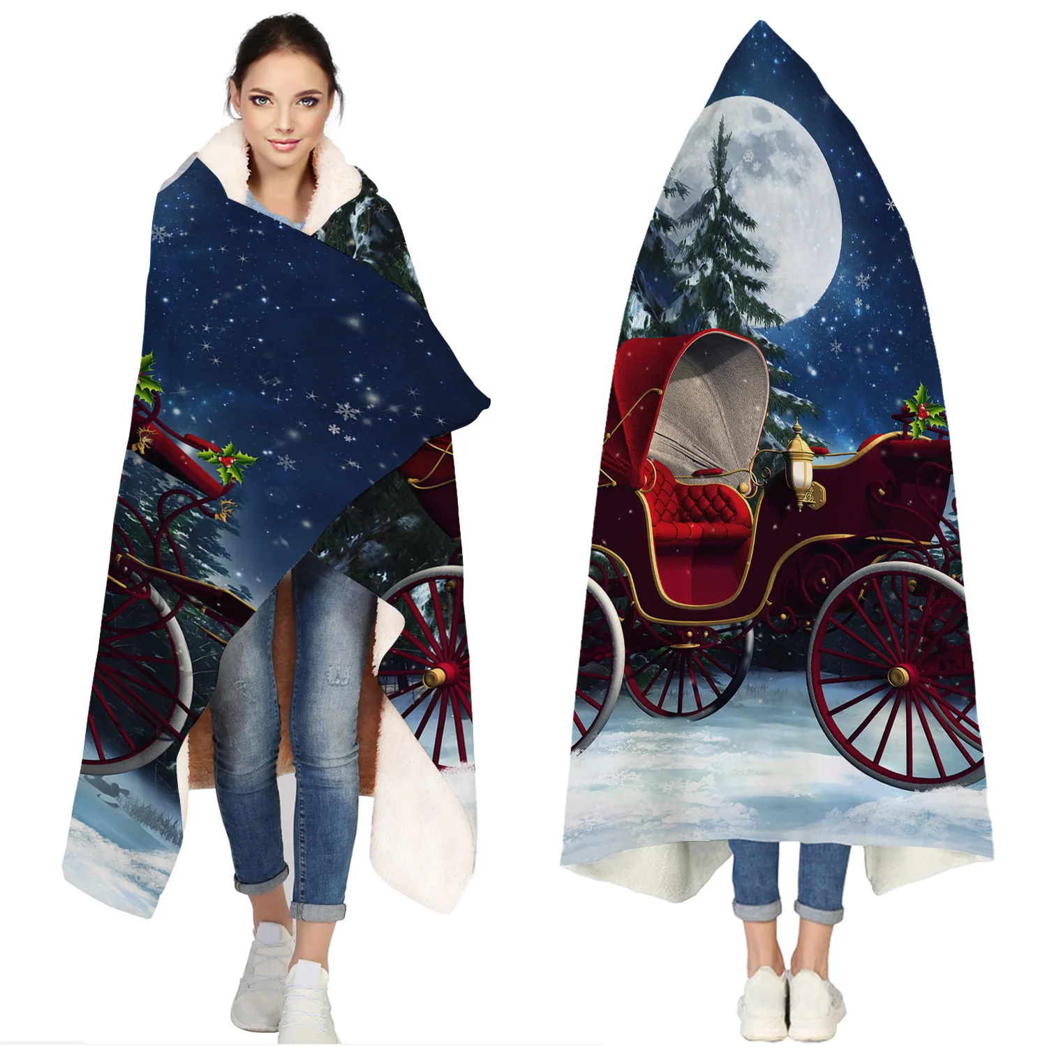 

Christmas Car Elk Cart Portable Wearable Fluffy Custom Hooded Blanket Fleece Hooded Throw WrapBed Blanket