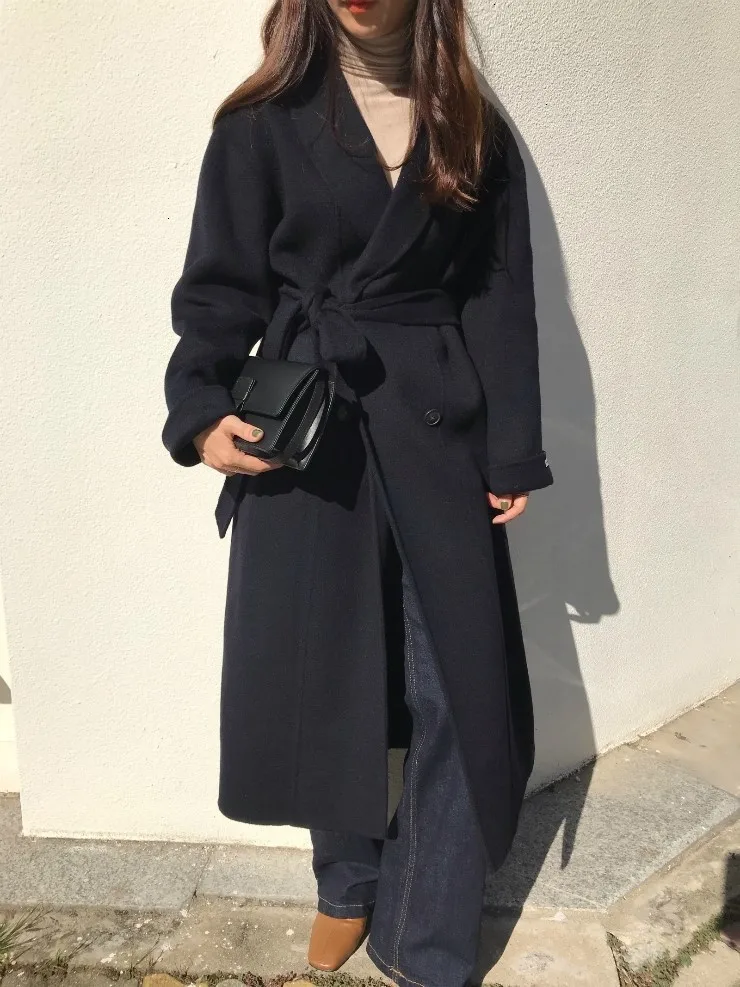 Халат, шерстяное Свободное пальто, длинное пальто с поясом, корейское зимнее пальто, модное