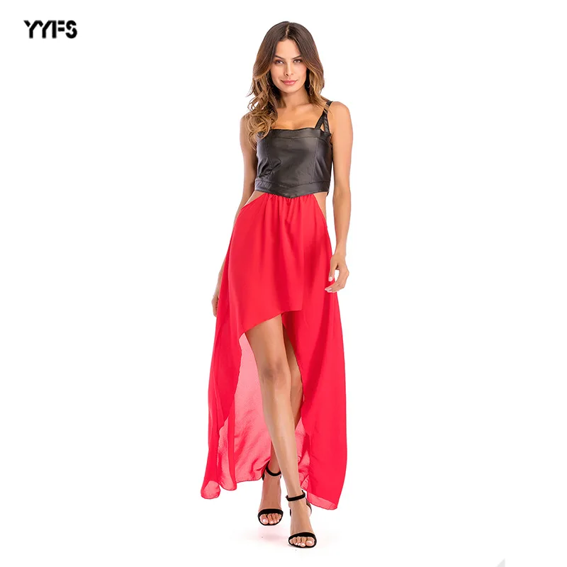 

Europe And America WOMEN'S Dress 2019 Autumn Joint Chiffon Strapped Dress Cutout-Waist Long Skirts Alibaba a Generation of Fat