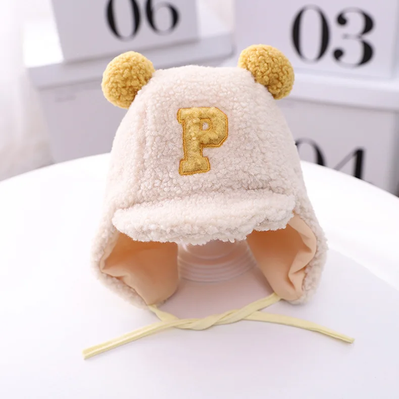 Boné para Crianças Inverno Bebê Meninos Letra Cordeiro Veludo Earflap Chapéu Duplo Pompom Criança Gorro p 4 Chapéus e bonés