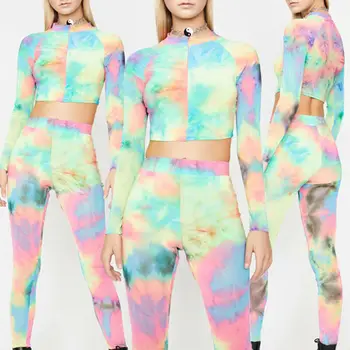 

2019 New Women Female Long Sleeves Tops Trouser 2pcs Set Tie Dyeing Print Bodycon crop Tops+Slim Pants Suit Party Cocktail Club