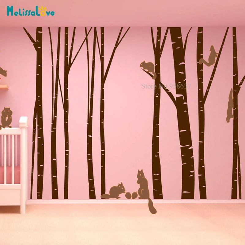 

9 Birch Trees Sticker Baby Room Living Room Decor Forest with Squirrels Branches Nursery Removable Vinyl Wall Stickers BB061