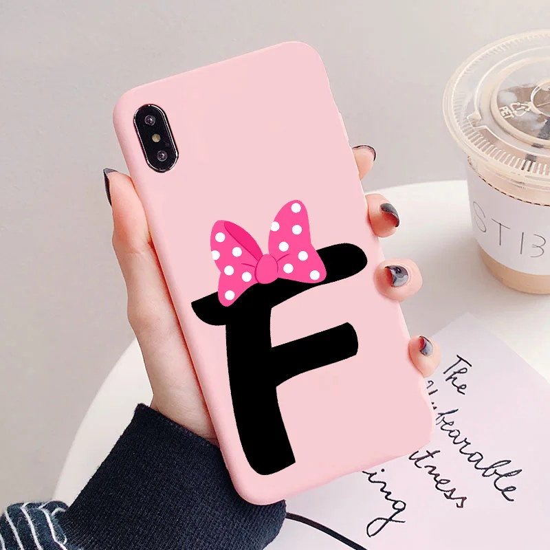 TPU Милый черный изготовленный на заказ со словом рисунком именем буквами монограмма с бантиком для возраста светло-розовый силиконовый чехол Крышка для iPhone 6 6S Plus 7 Plus XR MAX - Цвет: TPU