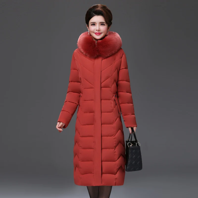 Women Winter Long Down Cotton Jacket Parkas New Ladies Fur Collar Hooded Cotton-padded Coat Female Thicken Outerwear PP144 - Цвет: Оранжевый