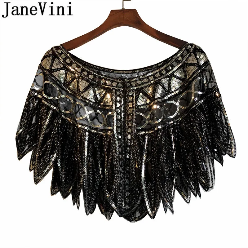 JaneVini Bling Sequins женская накидка из бисера упаковка для свадебного платья Палантины Золотой Черный жакет вечернее платье Болеро