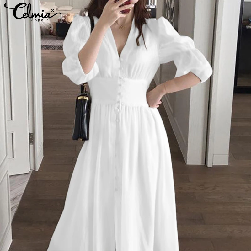 

2019 Celmia Elegant Women High Waist Long Maxi Dress Casual Ladies Pleated White Dress Button Up V Neck Split Vestidos Plus Size