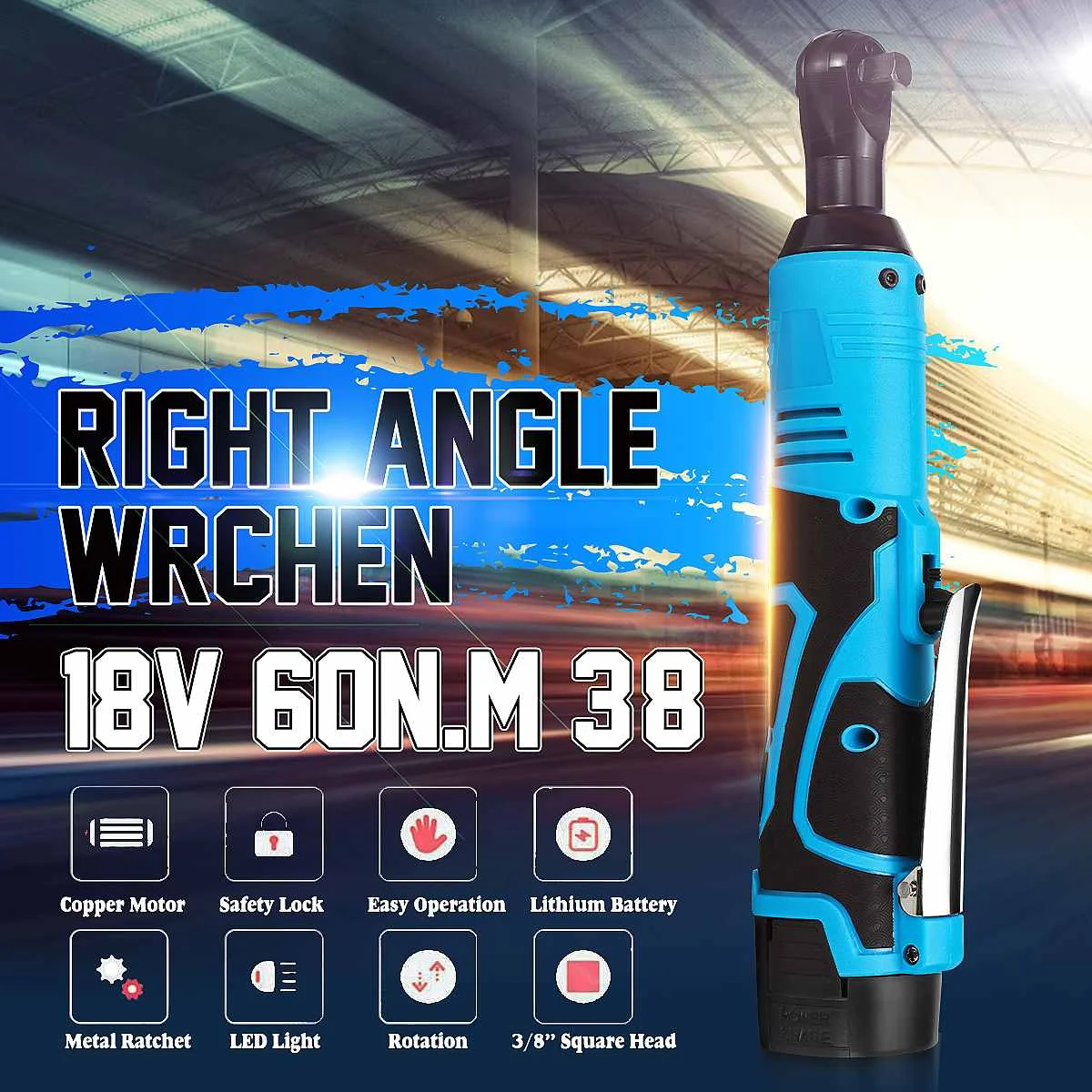 

18V 60N.m 3/8 Inch Cordless Electric Ratchet Right Angle Wrench with 2pcs 8000mAh Battery Charger LED Power Tools