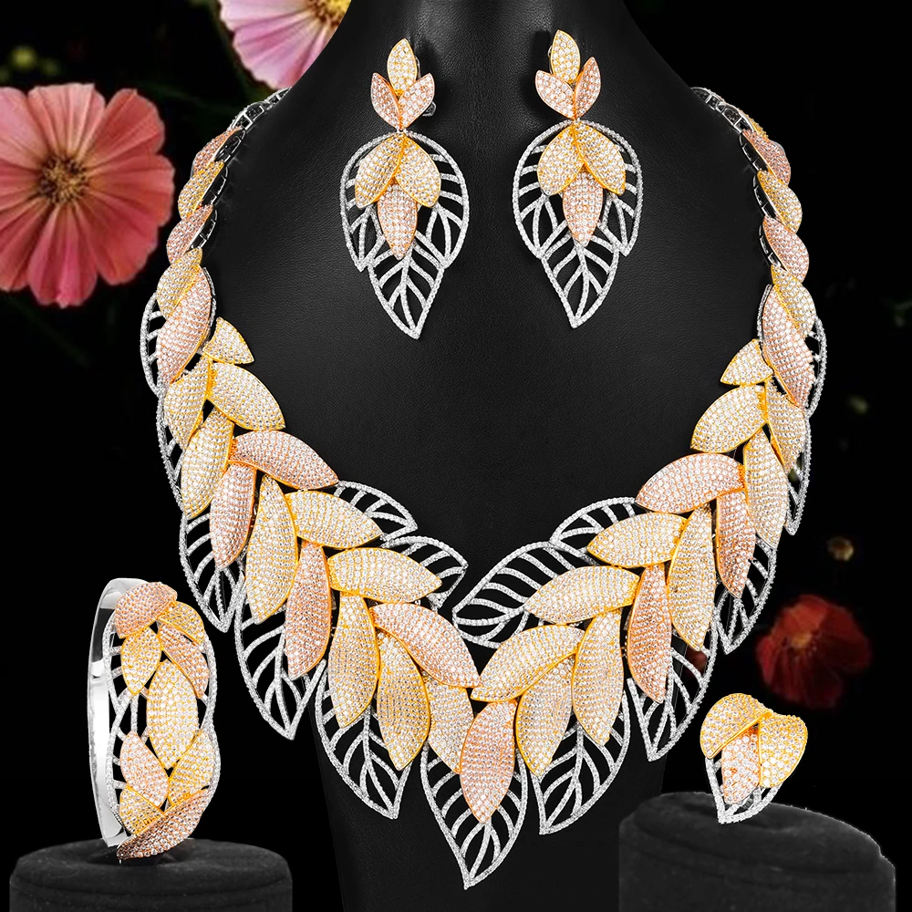 missvikki High Quality Luxury Shinning Flower Leaf Women Wedding Naija Bridal Cubic Zirconia Necklace Dubai Dress Jewelry Set | Украшения и