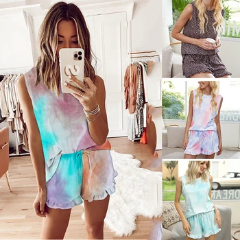 

Women Nightgown Pajamas Two-Piece Leisure HomeWear Leopard Printed Gradient Pyjamas Loose Tie-dye Sleepwear Femme Plus Size XXL