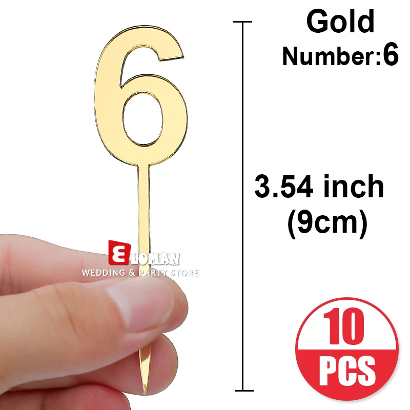 Gold-number 6-10pcs С изображением пирожного на день рожденья номер Топпер ELOMAN золотистый Акриловый Торт Топ украшение в виде флага для мальчика и девочки День рождения Свадебные принадлежности - Цвет: Gold-number 6-10pcs