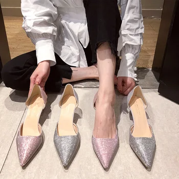 

Women Pointed Toe Pumps 2020 New Style Summer Bling Bling High Heels Woman 5cm Med Heels Comfortable Party Shoes