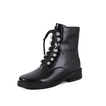 

Concise Female Motorcycle ankle Boots Metal rivets Decoration Genuine Leather Thick low Heels Shoes Woman Working Basic Boots