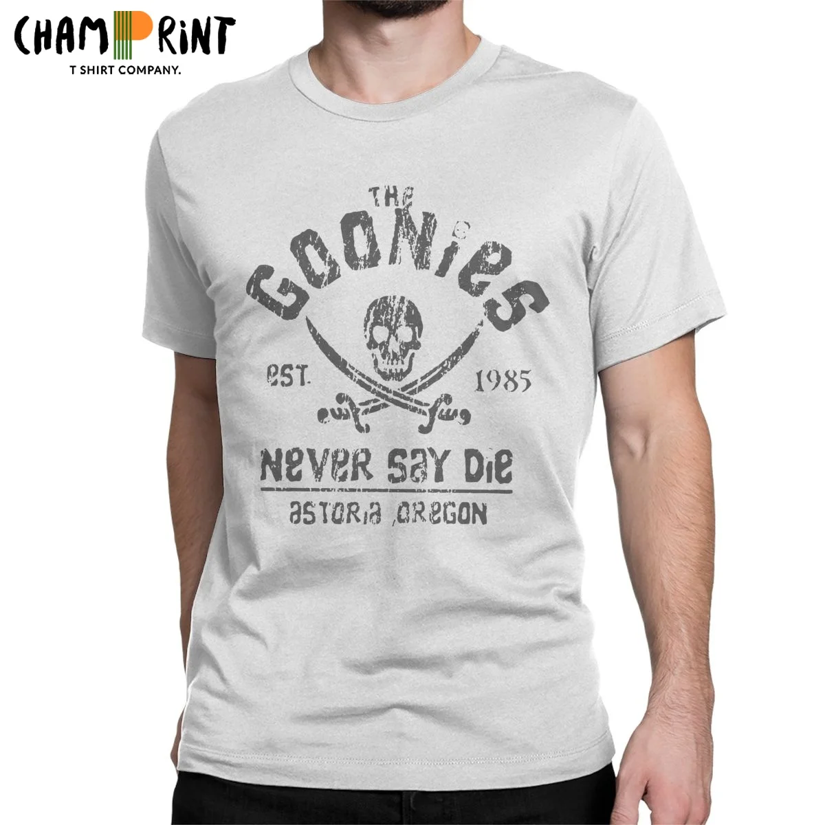 

Casual The Goonies Never Say Die Grey On Black Skull T-Shirts Men Cotton T Shirts Letters Print Sleeve Tee Shirt Adult Tops