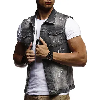 

Men Slim Fit Sleeveless Jeans Jacket 2020 Summer Fashion Classic Denim Vest black Turn-down Collar Jeans Waistcoat 2020