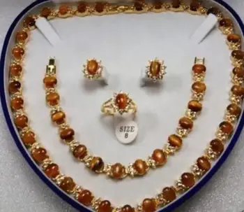 

Free Shipping Beautiful jewelry Tiger's Eye necklace bracelet earring ring set 17.5"7.5"AAART