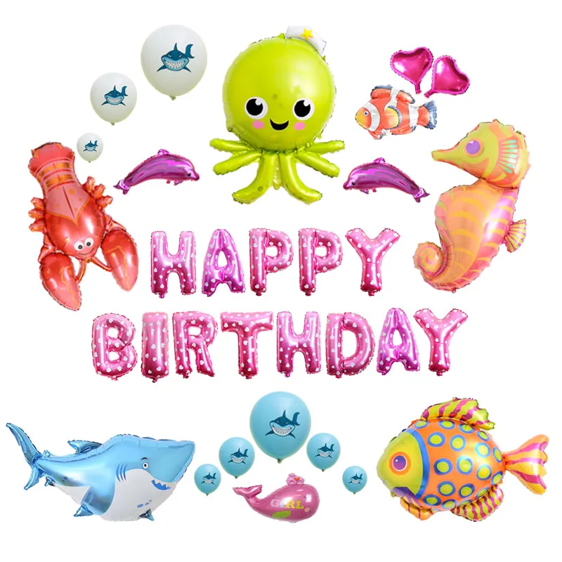 Море слова тема глобс буквы с днем рождения воздушные шары День рождения украшения Дети Акула Рыба баллон ребенок душ для мальчиков и девочек