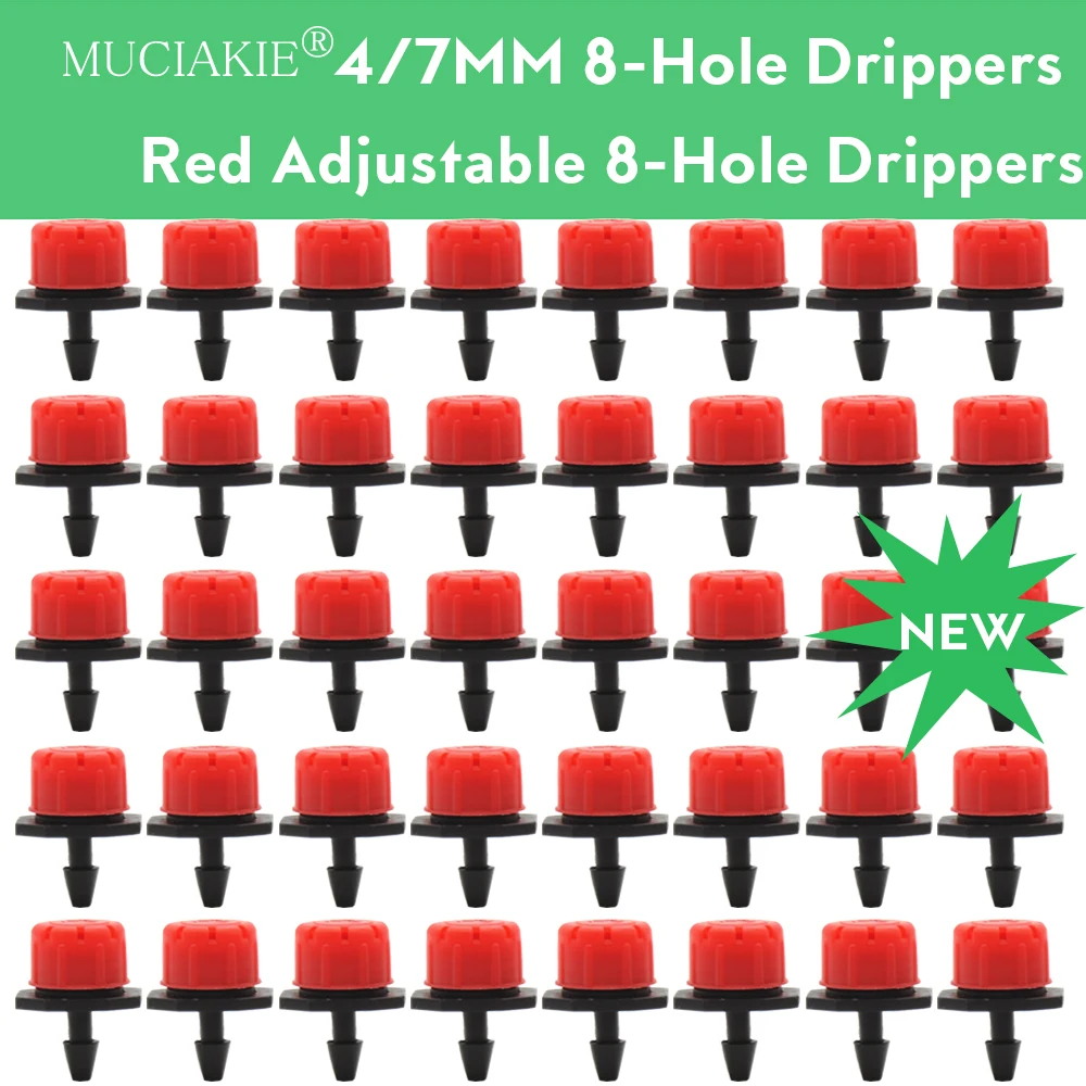 MUCIAKIE 30-1000PCS 4/7mm Red Adjustable 8-Hole Drippers Garden Micro Emitter Mini Irrigation Nozzles Adjustable Sprayer Nozzle