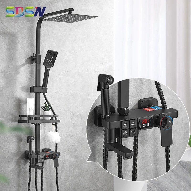 

Thermostatic Shower System Matte Black Bathroom Shower Faucets Temperature Display Digital Shower Set Rainfall Shower Head
