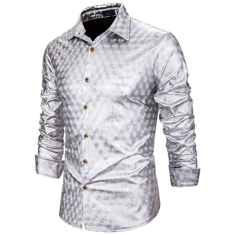 Мужская блестящая золотистая клетчатая рубашка для ночного клуба Camisa Masculina, новинка, приталенная Повседневная рубашка, мужские вечерние рубашки на свадьбу, выпускной, рубашка-смокинг