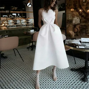 

White Prom Dress 2020 with Pockets Spaghetti Strap Sexy Backless Evening Dress Tea-Length Party Dress