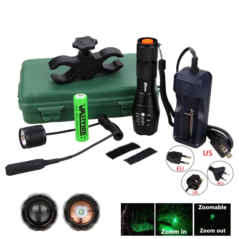 Online Grün Rot Weiß Jagd Licht 5000 Lumen Taktischen Einstellbarer Fokus Taschenlampe + Jagd Montieren + 18650 Batterie Set + fernbedienung Druck Schalter