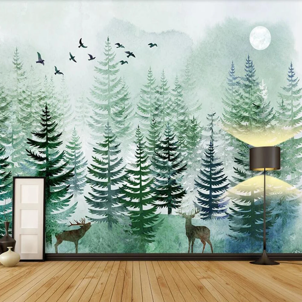 

Custom mural wallpaper 3D Nordic hand-painted pine forest elk sofa TV background wall decoration mural wallpaper