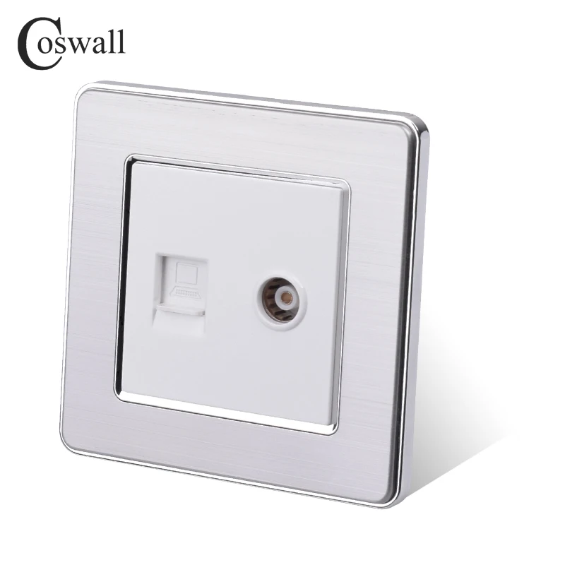 COSWALL RJ45 Интернет данных компьютерный разъем CAT5E разъем с женский ТВ выход нержавеющая сталь матовая панель настенная розетка