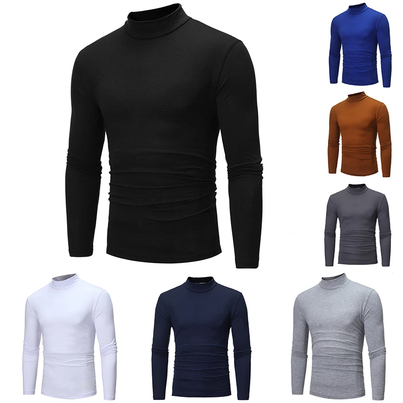 Camiseta delgada de Otoño Invierno para hombre, camiseta de manga larga de Cuello medio ajustada algodón cálido de cuello alto Camisetas| - AliExpress