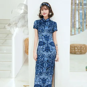 

Blue Print Flower Qipao Sexy Slim Hight Split Long Cheongsam Vintage Mandarin Collar Women Chinese Dress Style Vestidos Big Size