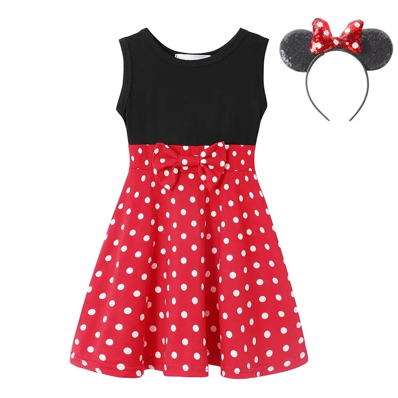 Minnie Set VOGUEON девочек Микки и Минни Маус Повседневное платье из хлопка с головной повязкой, летнее платье на день рождения летнее платье Рапунцель, Белль Золушка, Ариель платье принцессы - Цвет: Minnie Set