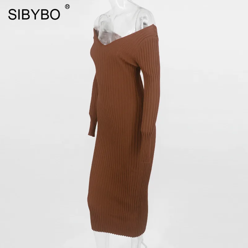 SIBYBO, зимнее трикотажное хлопковое платье в рубчик, женское сексуальное облегающее платье с открытыми плечами и длинным рукавом, однотонные вечерние платья с открытой спиной
