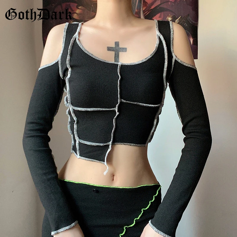 Get This Crop Tee Top T-Shirts e-Girl Streetwear Hollow-Out-Sleeve Punk-Style Dark-Patchwork Slim 8bWZwpD8pAV