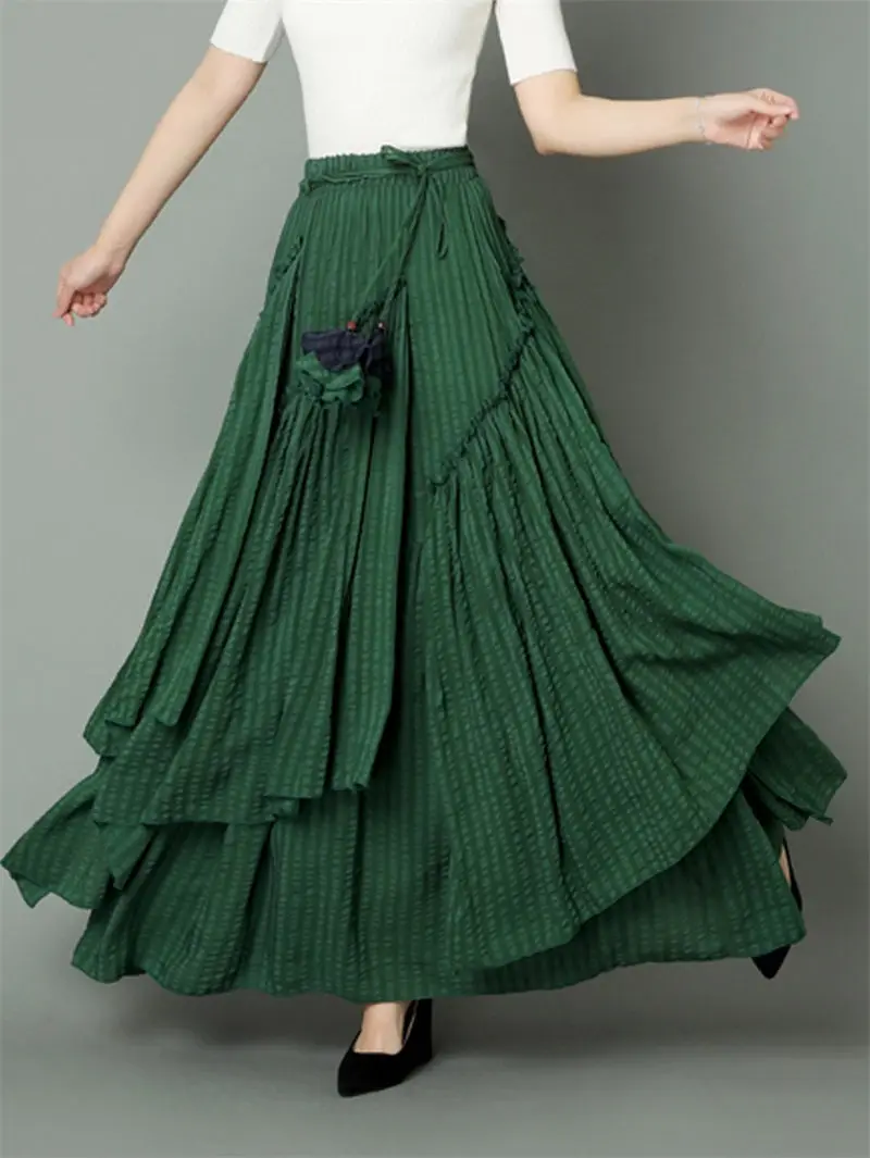 2021 Spring Summer Irregular Skirt Elegant Female Ethnic Style Pure Color Vintage Big Swing Dance Skirt Casual Faldas Mujer y869