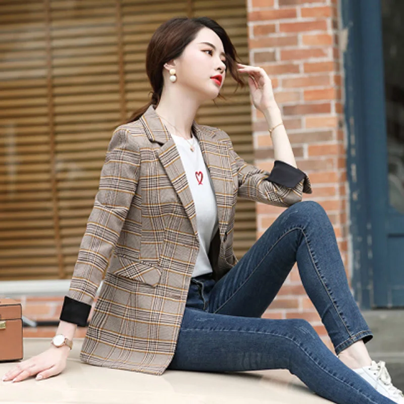 Khaki Plaid Клетчатый блейзер для женщин, элегантный офисный женский пиджак размера плюс, новинка, клетчатый Блейзер, короткая куртка Ol, осень, Chaqueta Mujer, плащ, блейзеры, пальто - Цвет: Khaki Plaid