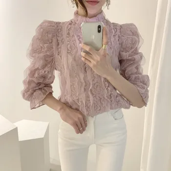 

Chic Foam Sleeve with Ear Edge Lace Blouse Shirt Women Turtle Neck Sexy Hollow Out 2020 New Spring Fashion Tops Blusas Femininas