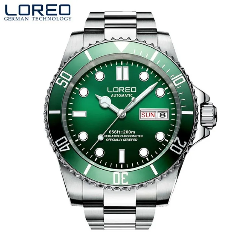 Модные часы для дайвинга 200 м водонепроницаемые механические LOREO Water Ghost Green Sapphire