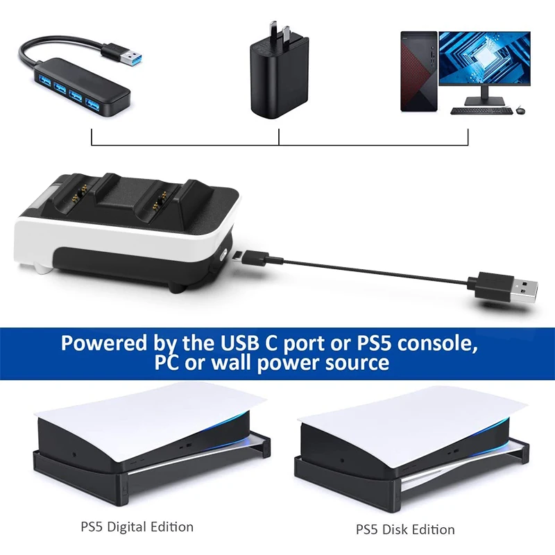 Cargador dual para 2 mandos de PS5. Incluye salida de carga USB.