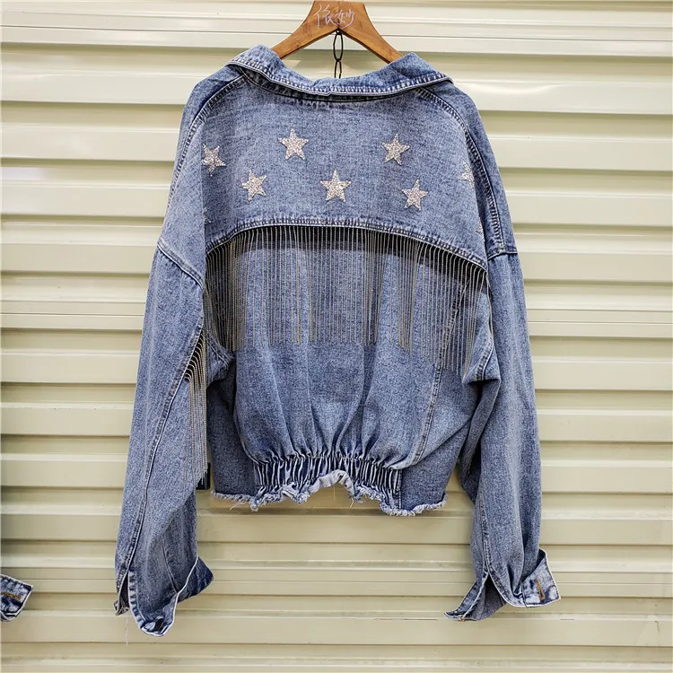 

2019 autumn new heavy work diamond star tassel denim jacket female loose