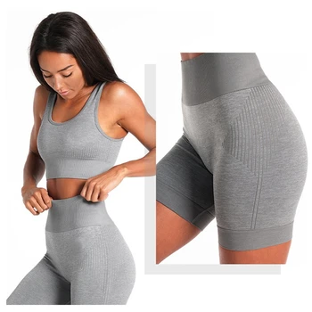 

Summer Seamless Yoga Set Women Gray Dry Fit Two 2 Piece Crop Top Bra Shorts Sportsuit Workout Outfit Fitness Gym Sets Clothes