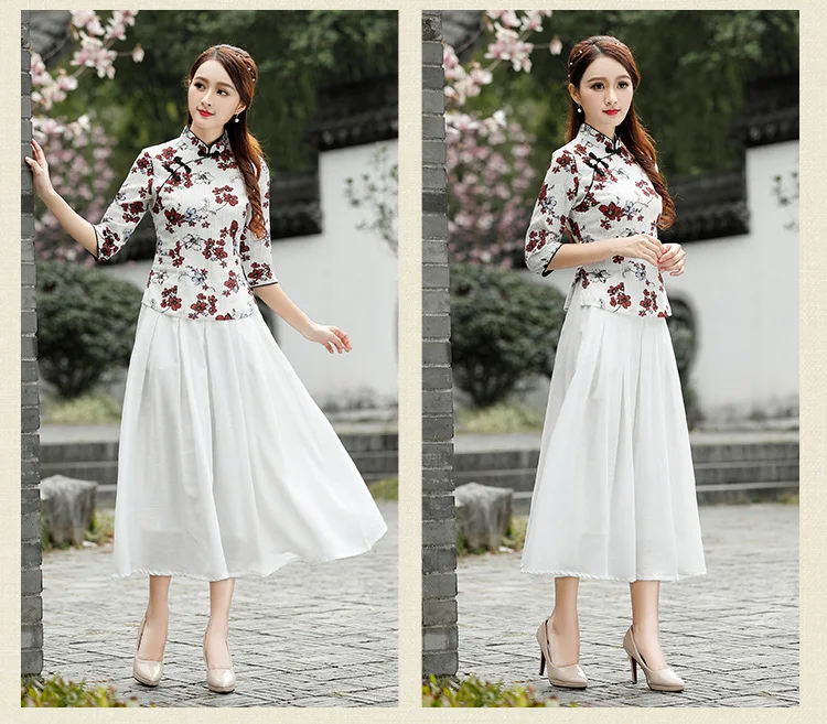 Учебный стиль для женщин с длинными рукавами белый Qipao сломанные цветы Улучшенный чёнсам Тан костюм рубашка женская повседневная одежда рубашка
