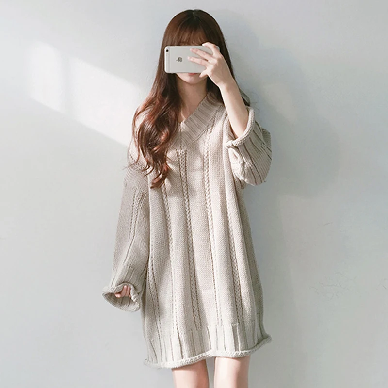 Jumper Rushed Poncho And Winter 2019 New Sweater Women's Loose Outside Wear Lazy Mid Length V-neck Pullover Net Knitted Skirt | Женская
