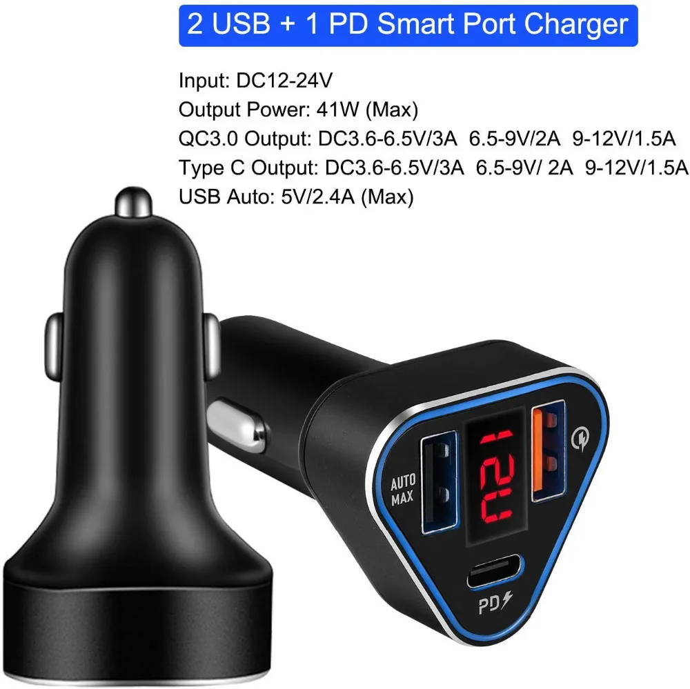 3 в 1 Автомобильное зарядное устройство QC 3,0 USB PD type C Быстрая зарядка ЖК-дисплей для iPhone 7 8 X XR XS 11 Por MAX Plus samsung S9 S10 mate 30